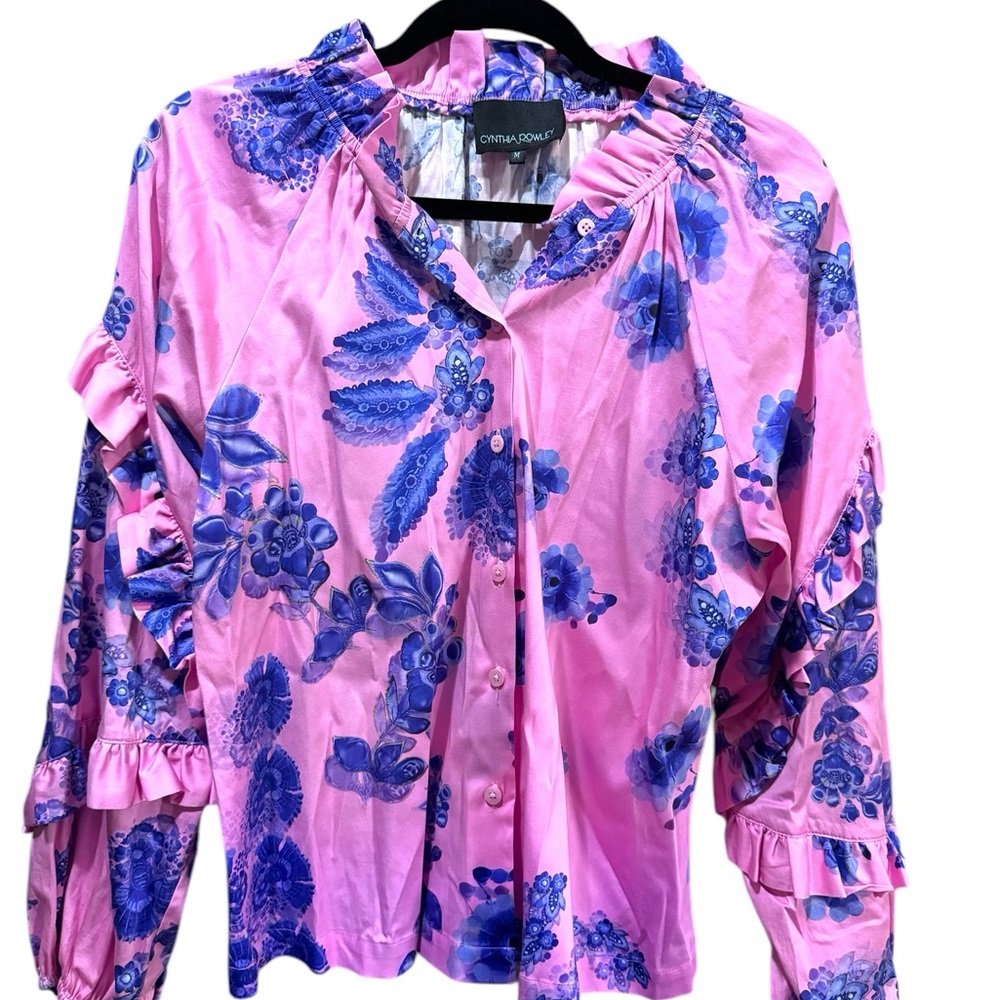 Cynthia Rowley Pink and Blue Ruffle 3/4 Sleeve Blouse